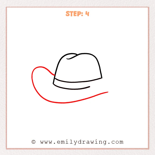 how to draw a cartoon cowboy hat - A wide, sweeping outer brim outline is added to the cartoon cowboy hat, curving up on the left and stretching long to the right.